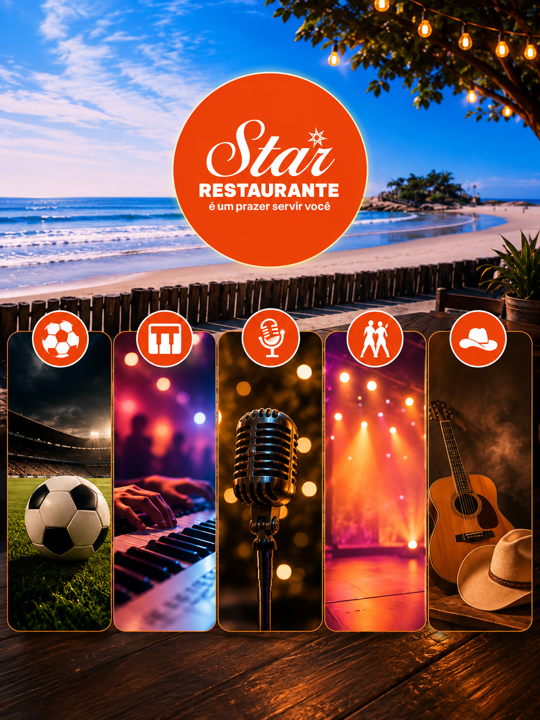 Programação semanal do Star Restaurante: futebol, música ao vivo, karaokê, sertanejo e pista de dança